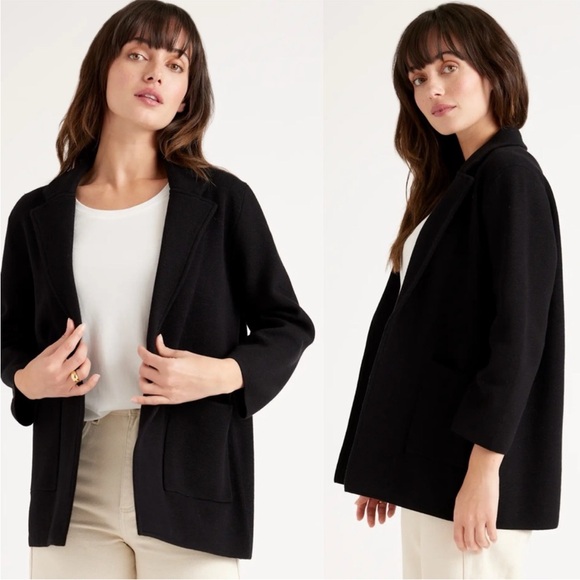 Quince Jackets & Blazers - Quince 100% Organic Cotton Knit Blazer Black Textured Open Front Pockets Size S
